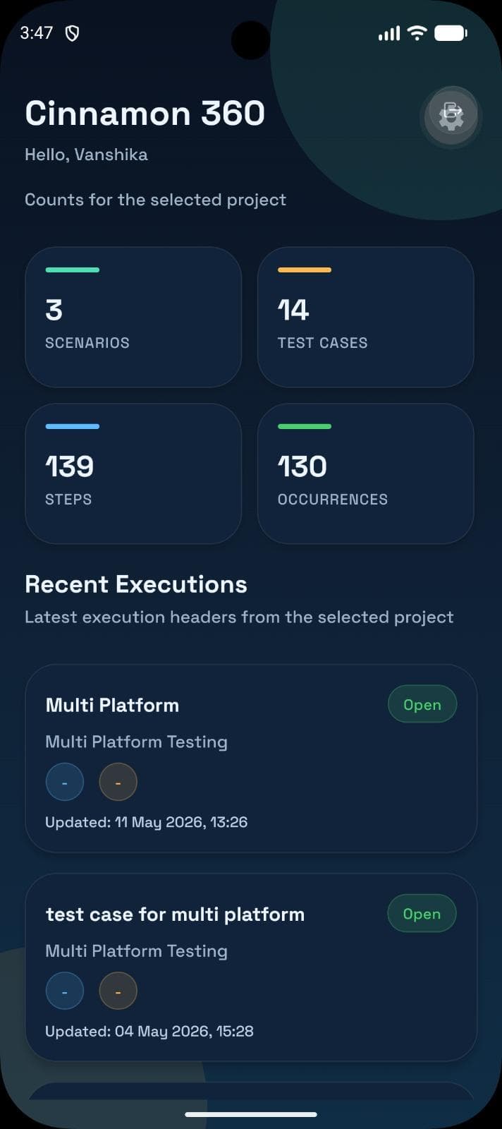 The optional Cinnamon360 mobile app showing project counts and recent executions
