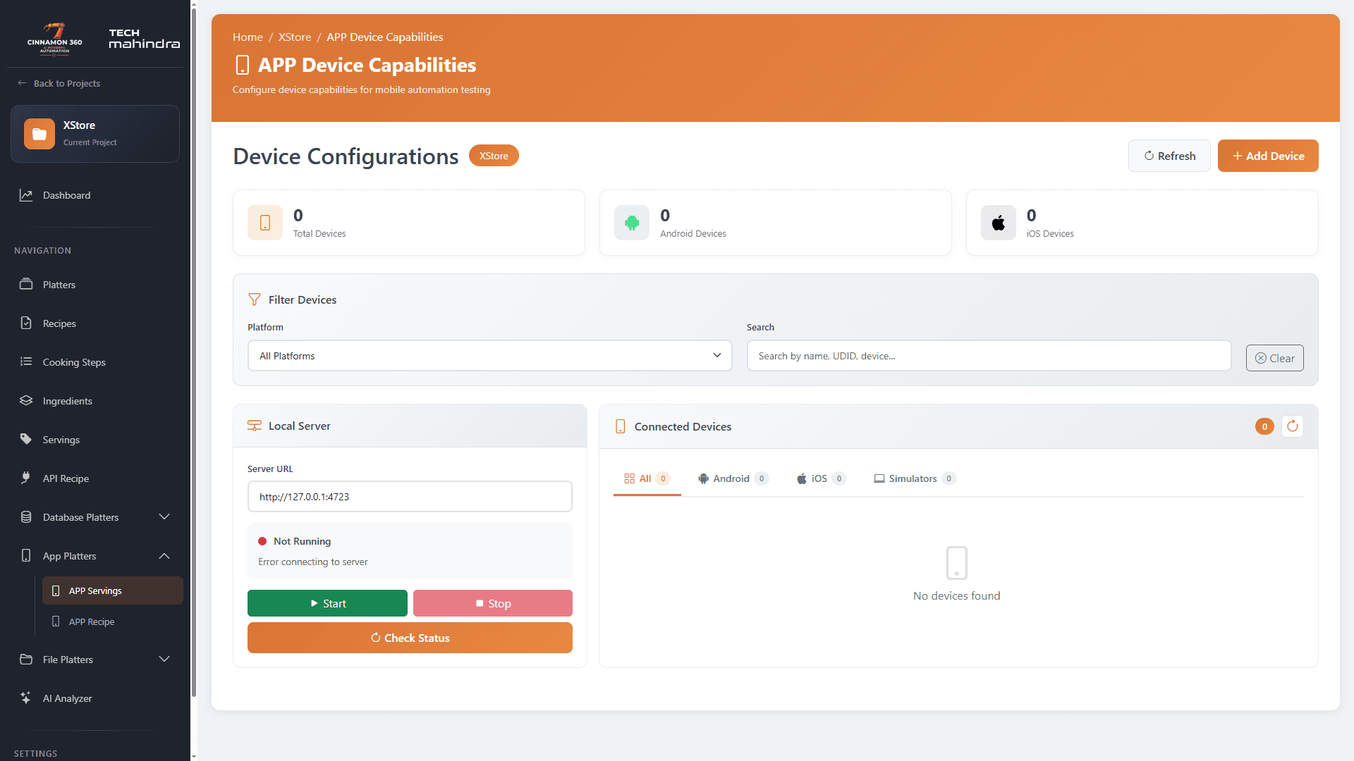 Cinnamon360 mobile automation configuration for Android and iOS devices