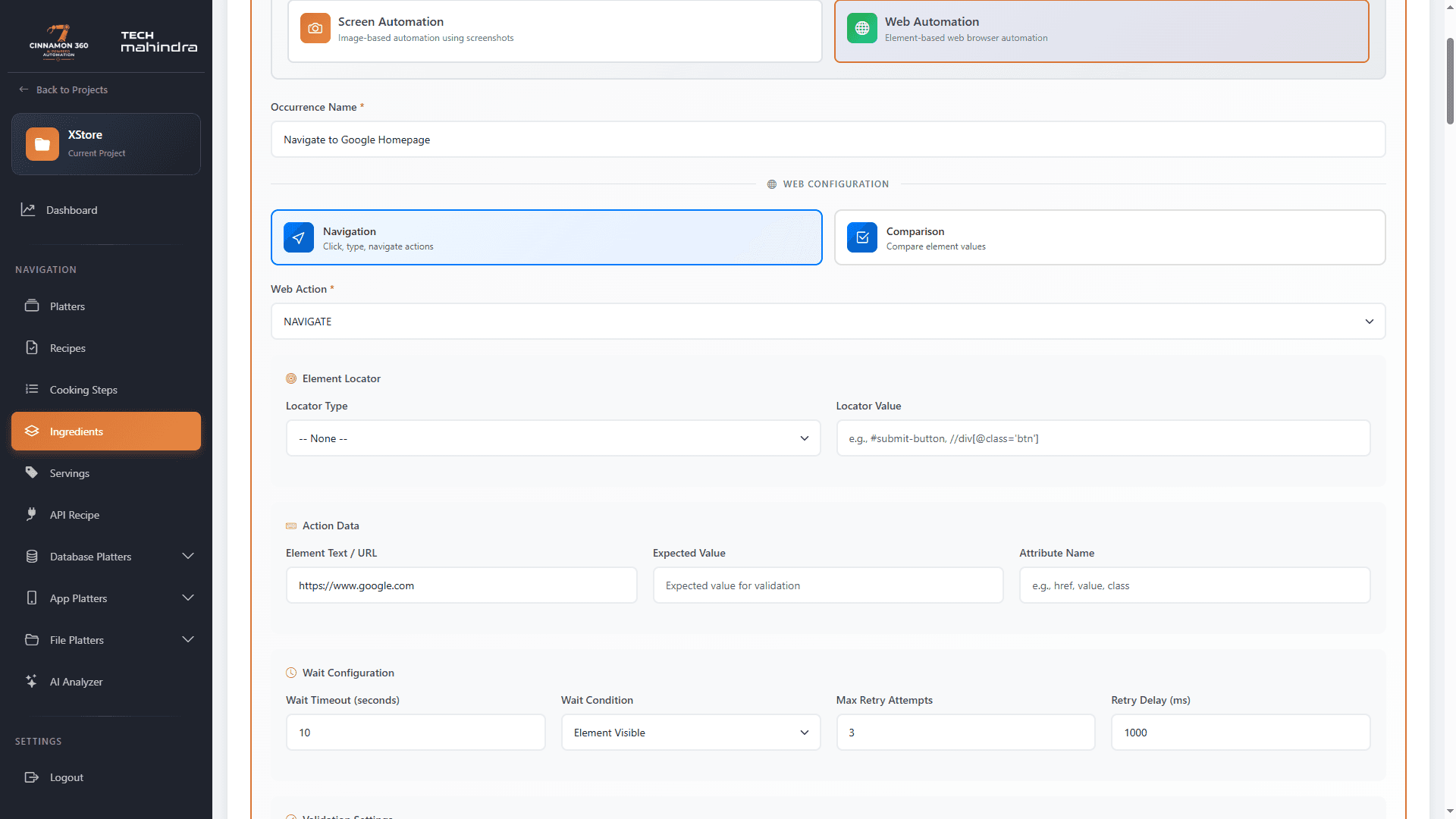 Cinnamon360 web automation test step configuration with element locators